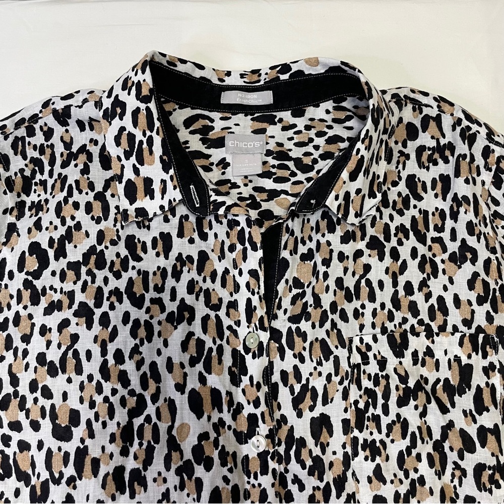 Chico's No-Iron FreshChic Linen Leopard Print Shirt Women's Sz 3 16/18 - Picture 6 of 8